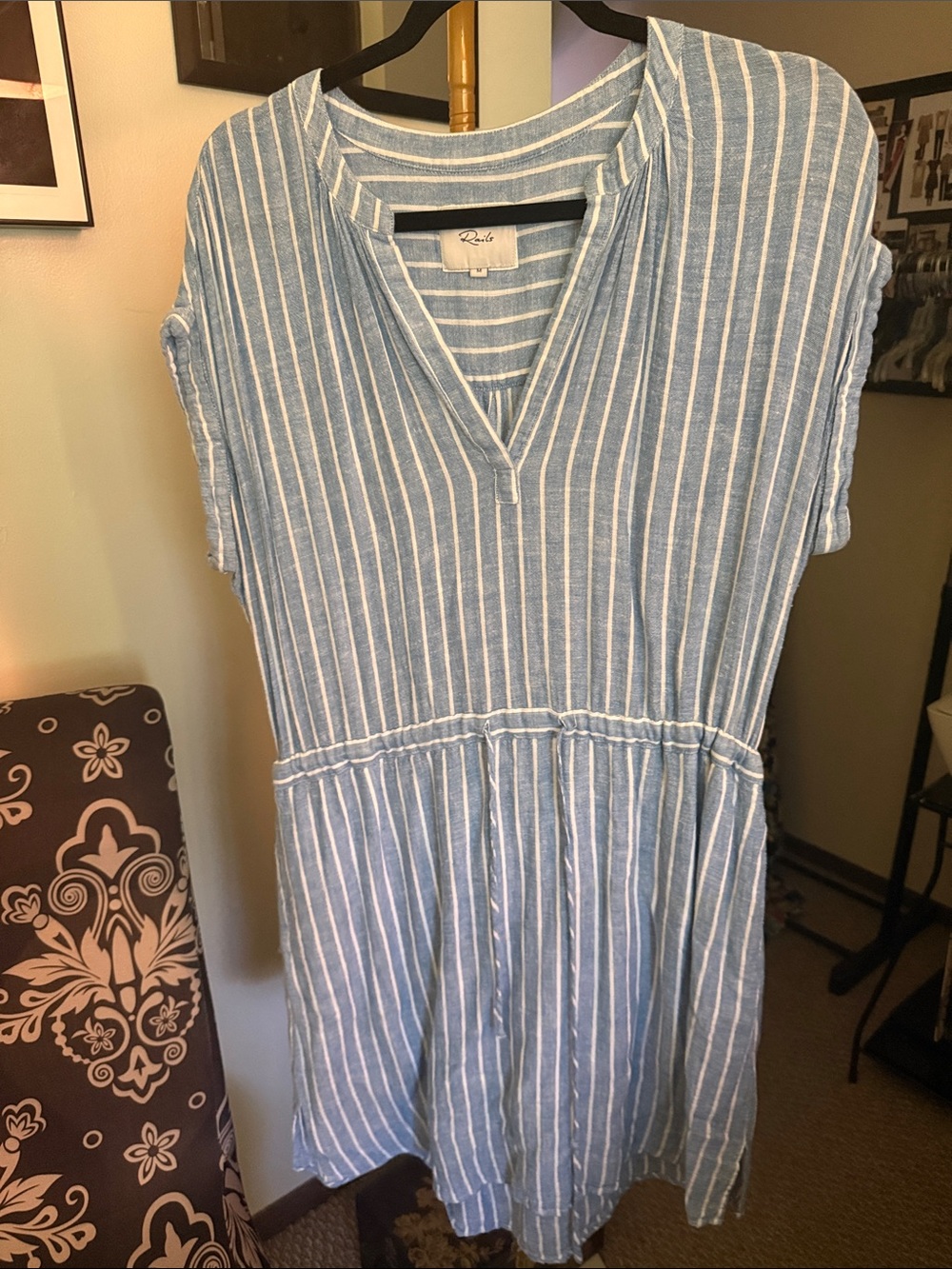 Rails Light Blue and White Striped V-Neck Mini Dress